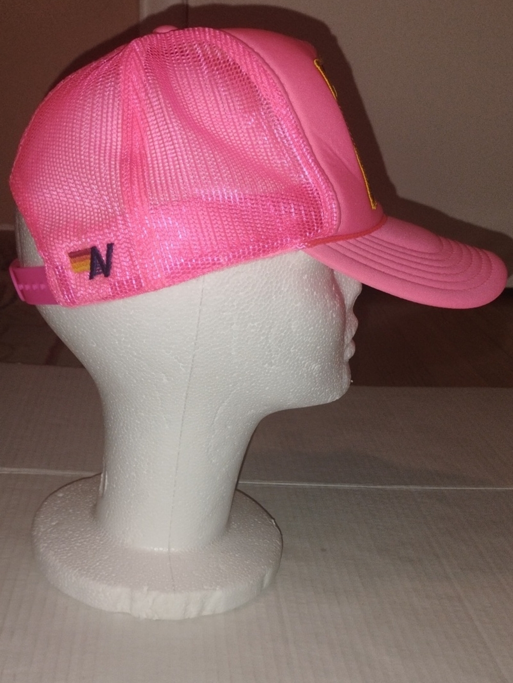 Aviator Nation Vintage Bolt Heart Trucker Hat. Neon Pink in color.